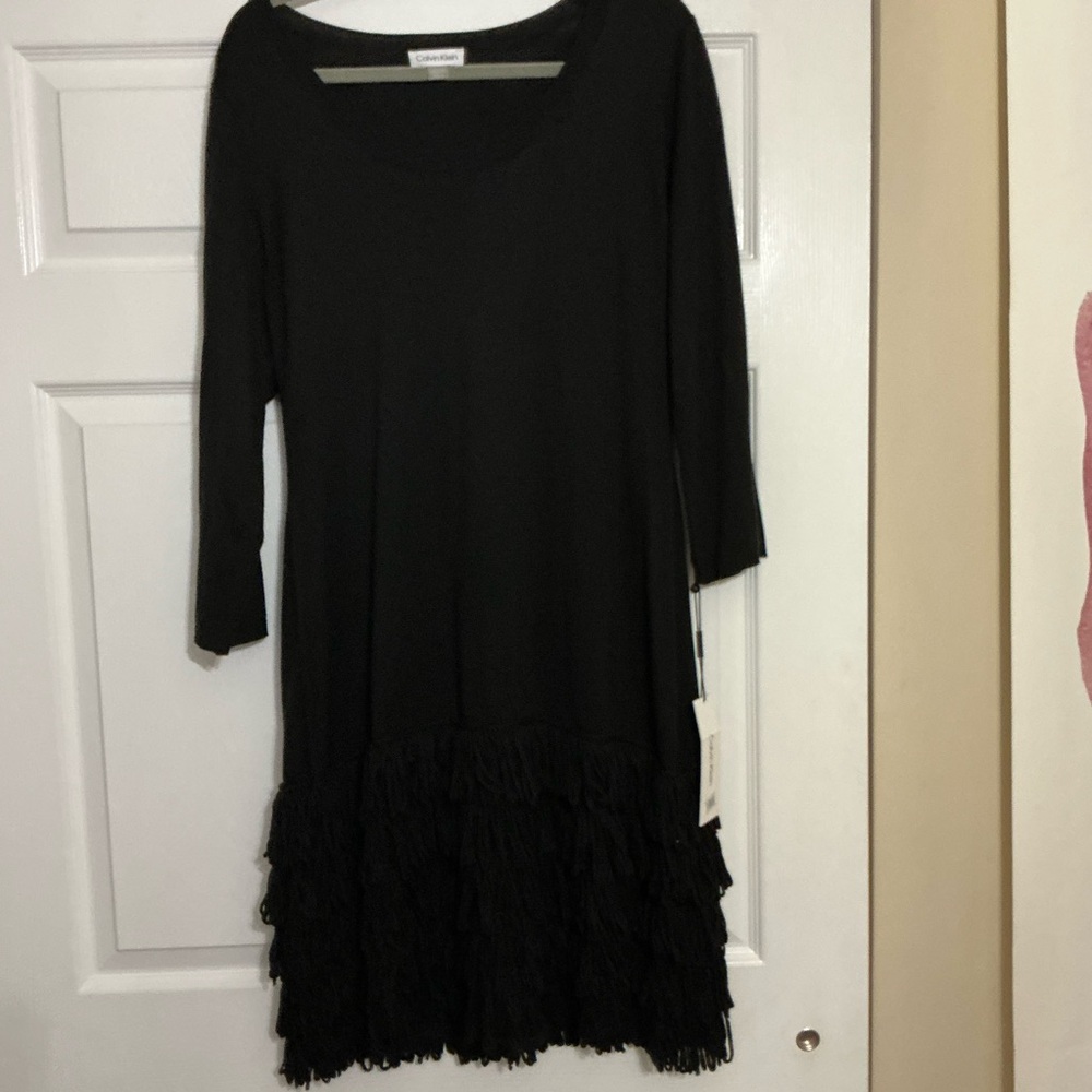 Calvin Klein Black Long Sleeve Fringe Dress